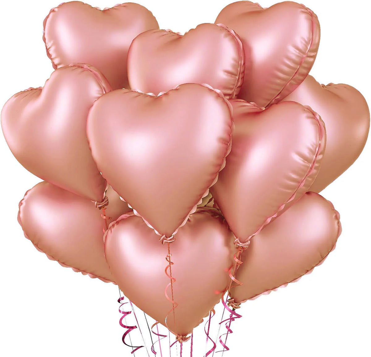 A cluster of pink heart-shaped foil balloons tied together with ribbons.