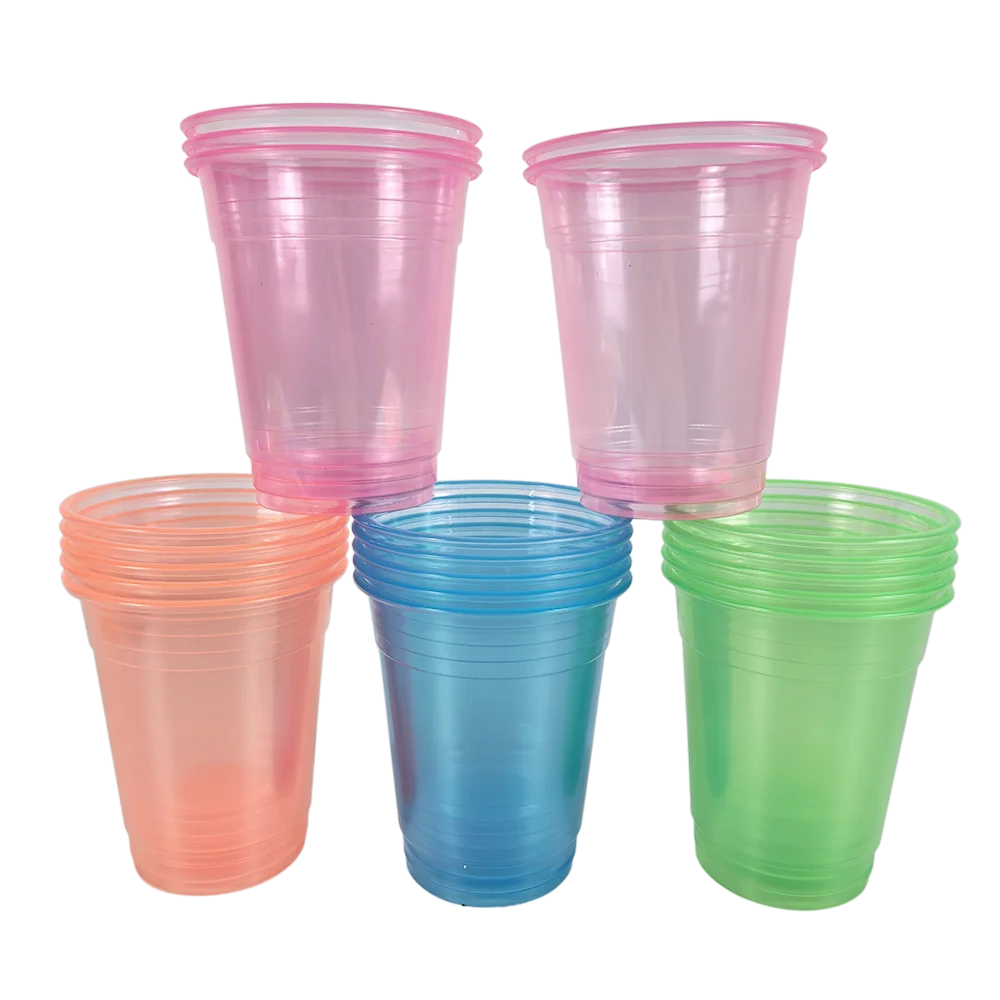 Four plastic party cups in assorted colors pink, blue, and green are shown standing upright.