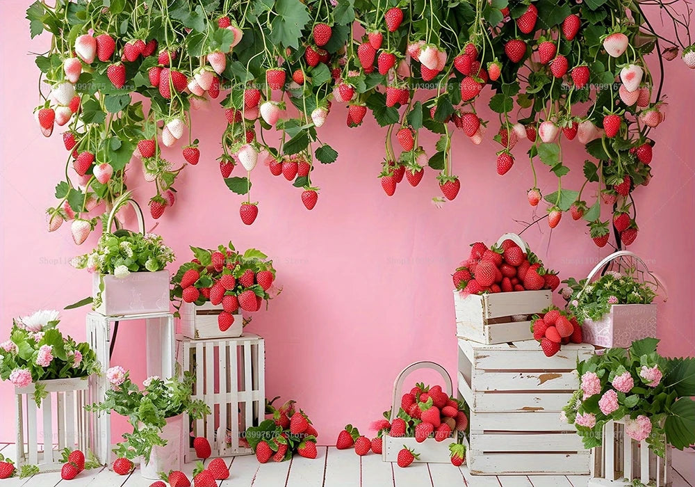 Rosa Kulisse mit üppigen grünen Erdbeerranken, reifen roten und weißen Erdbeeren und weißen Holzfässern.