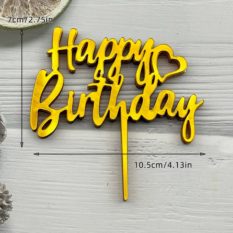Gold acrylic birthday cake topper set with the words Happy Birthday on a stick