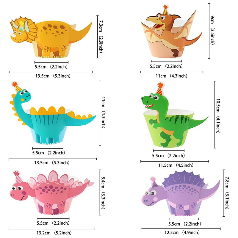 A set of colorful dinosaur-themed disposable tableware including plates, cups, and a banner.