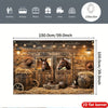 A rustic western horse barn wall tapestry featuring wooden textures, hay, and framed horses.