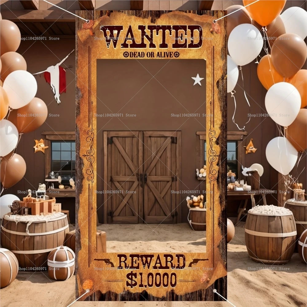 A rustic wooden photo booth prop featuring a WANTED banner and a reward sign for $10000