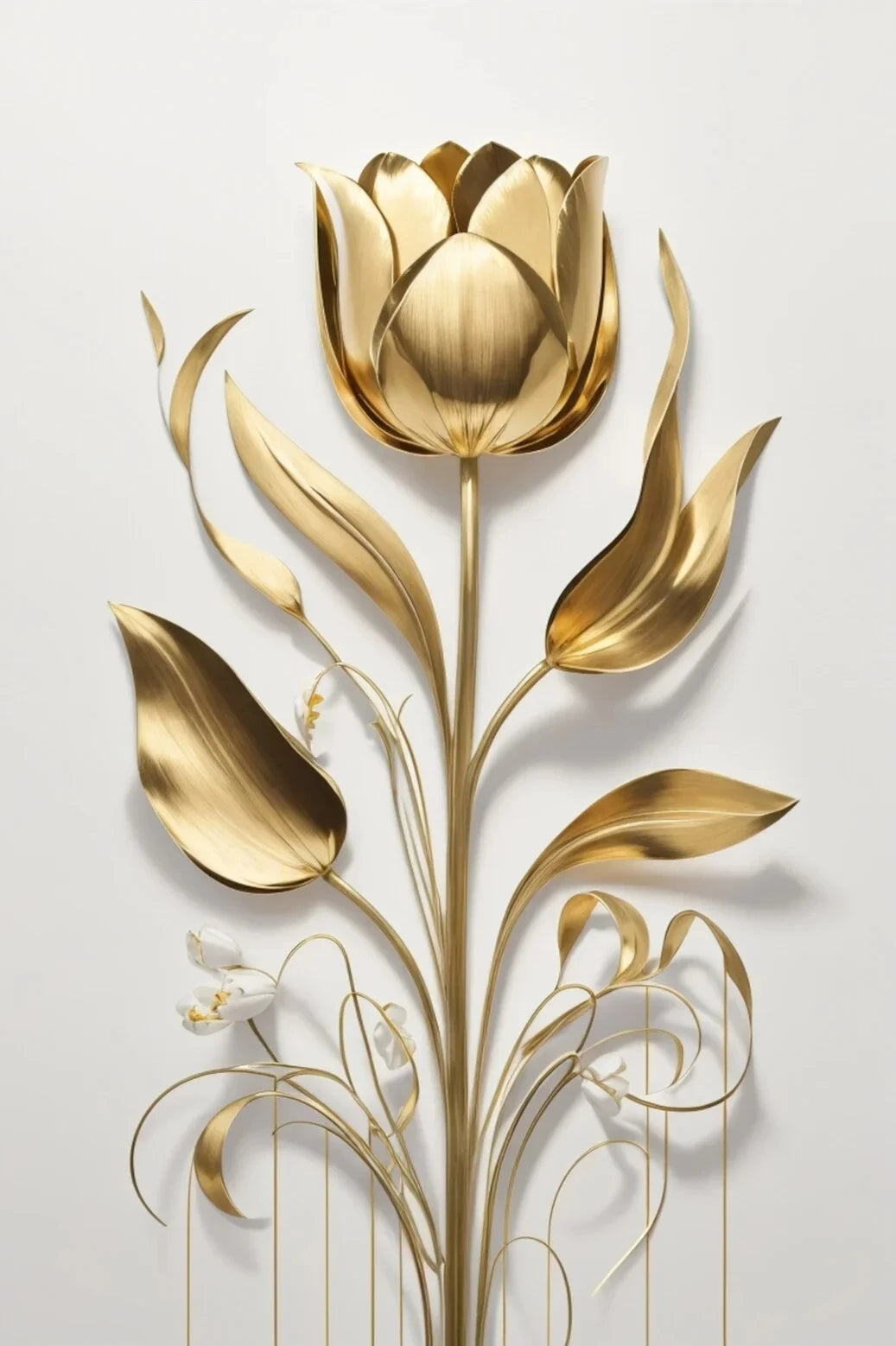 Arreglo vertical de arte floral de tulipanes y hojas doradas en una pared gris claro.