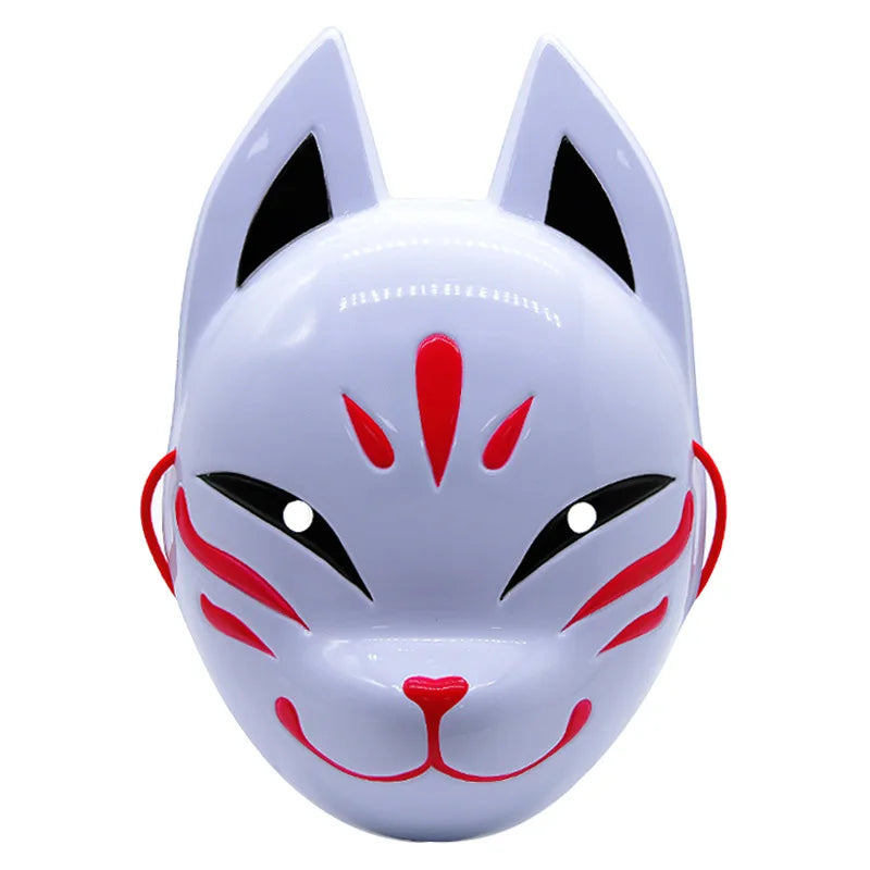 A white fox face mask with black and red markings for Halloween or costume parties.