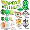 A set of safari jungle balloon garland arch kit featuring various colored balloons, animal shapes, and palm leaves.