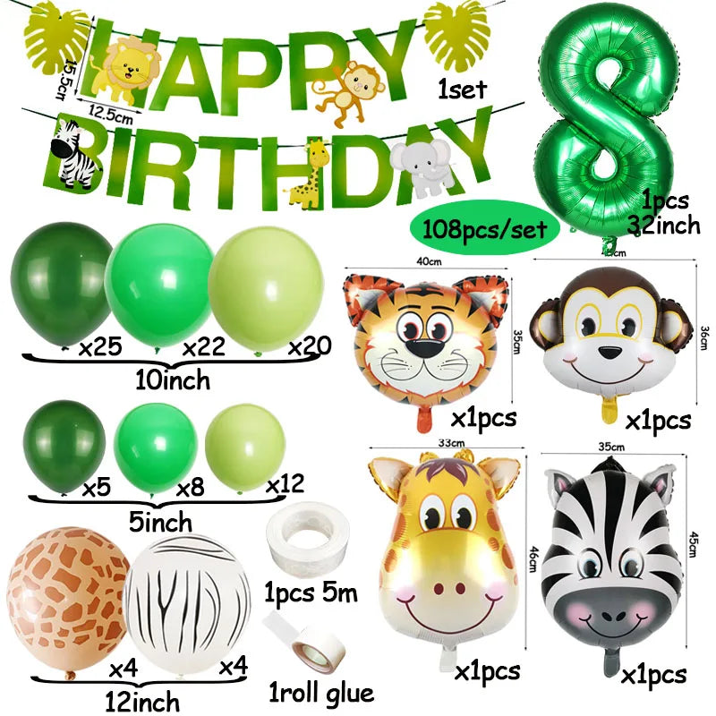 A set of safari jungle balloon garland arch kit featuring various colored balloons, animal shapes, and palm leaves.