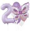 A set of purple butterfly foil balloons shaped like the number two and a round balloon.