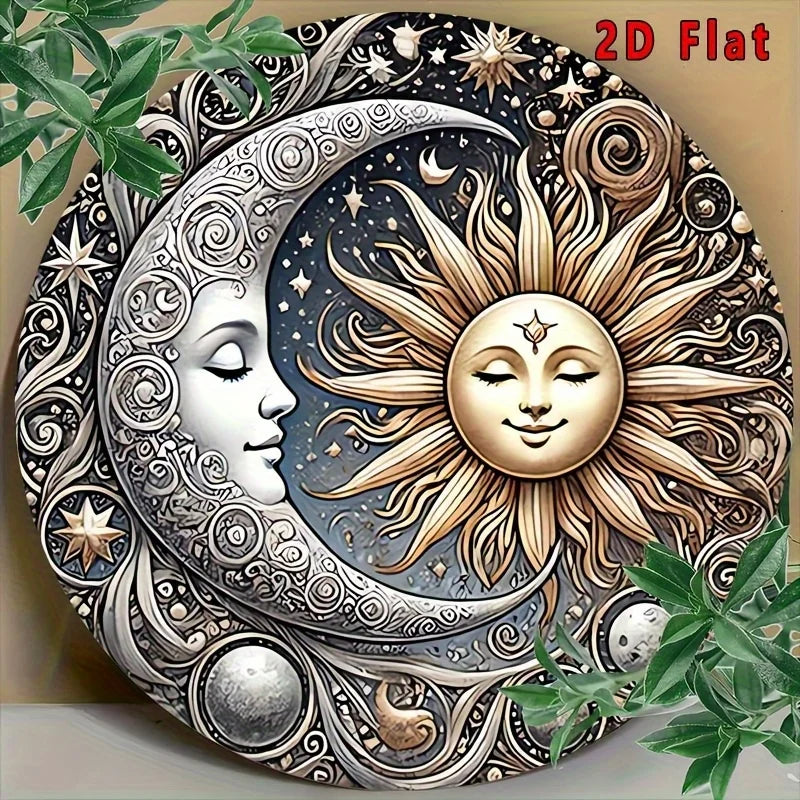 2D flat aluminum wall art featuring a detailed silver and gold crescent moon and sun design surrounded by swirling patterns