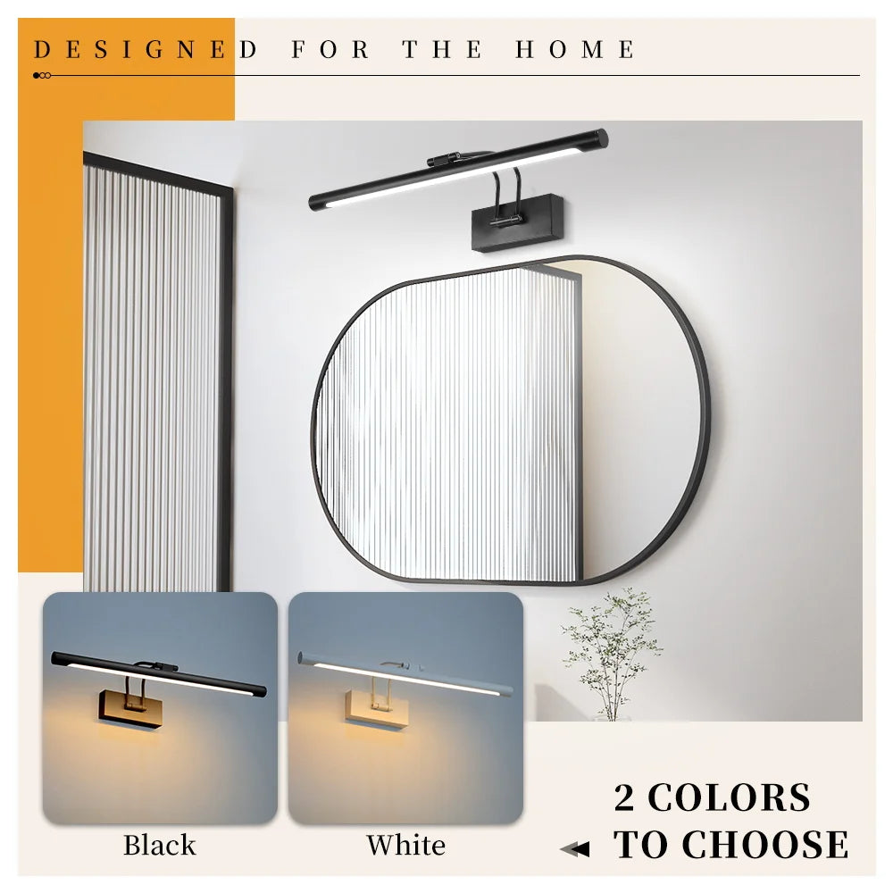Modern dimmable LED wall lamp shown in black and white finishes mounted above a vanity.