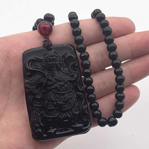 Amitabha Buddha Carved Obsidian Pendant Necklace