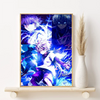 Canvas wall art featuring Hunter x Hunter characters Gon, Killua, and Hisoka in a dynamic blue and purple style
