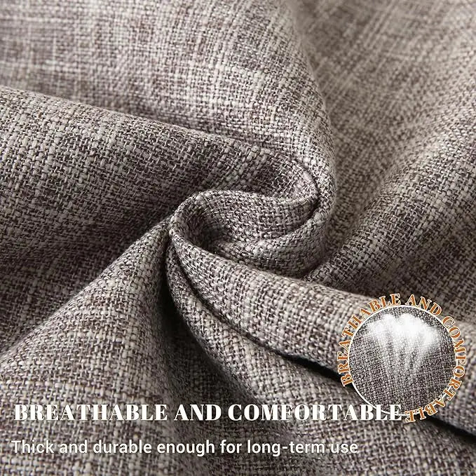 Close-up of a thick, durable gray linen fabric showing a woven texture and soft folds.