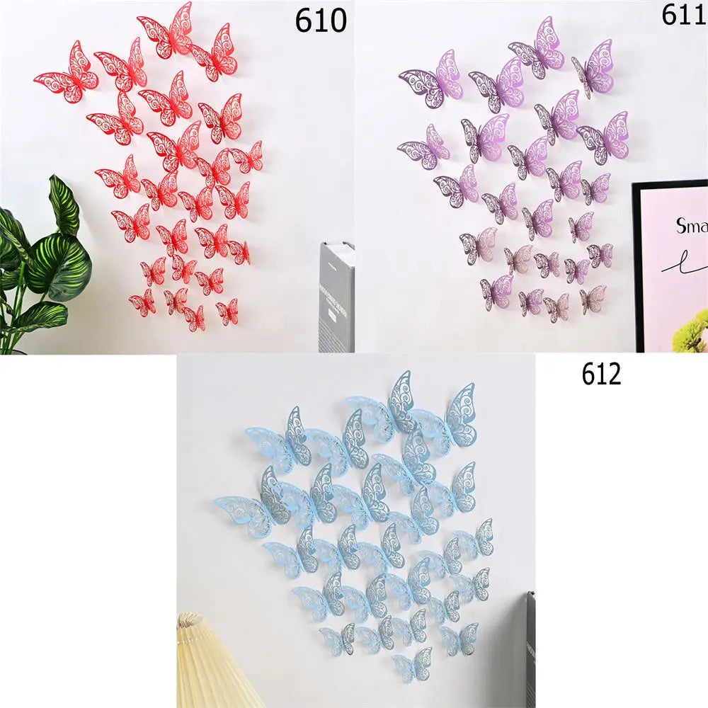 A set of 3D hollow butterfly wall decals in shades of red, purple, and blue.