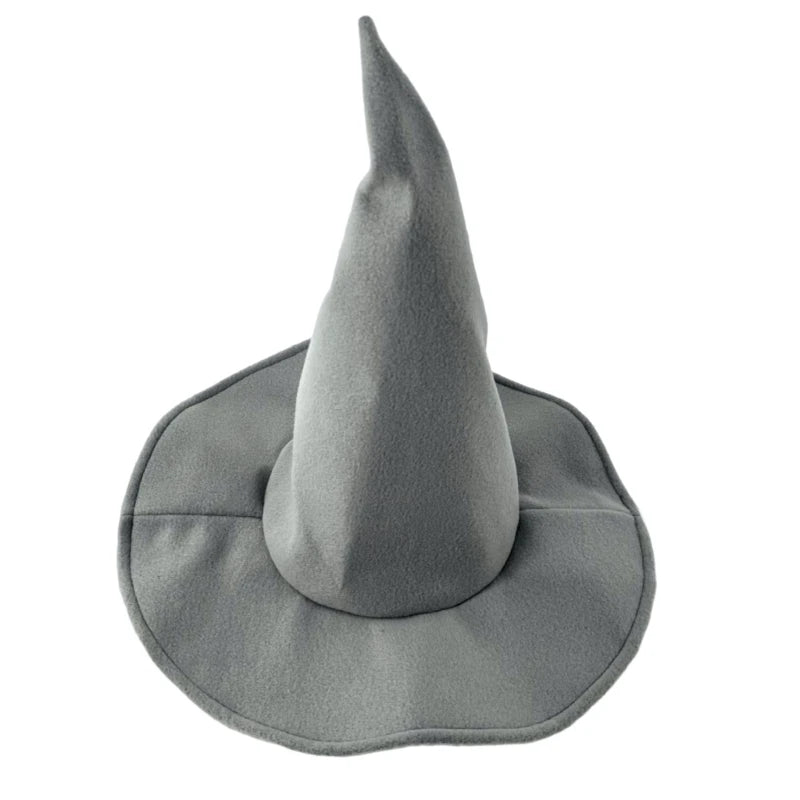 A gray witch hat with a pointed crown and wide brim.