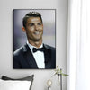 A modern wall art print featuring a portrait of Cristiano Ronaldo in a suit and bow tie.