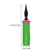 A green handheld balloon air pump with a black nozzle and pink cap.