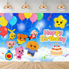 A colorful cartoon animal party decoration set featuring various cute animals like a lion, monkey, and cat against a blue sky
