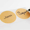 Two round kraft paper labels are visible, one labeled Jam and the other Sugar, with a black pen writing on the Sugar label.