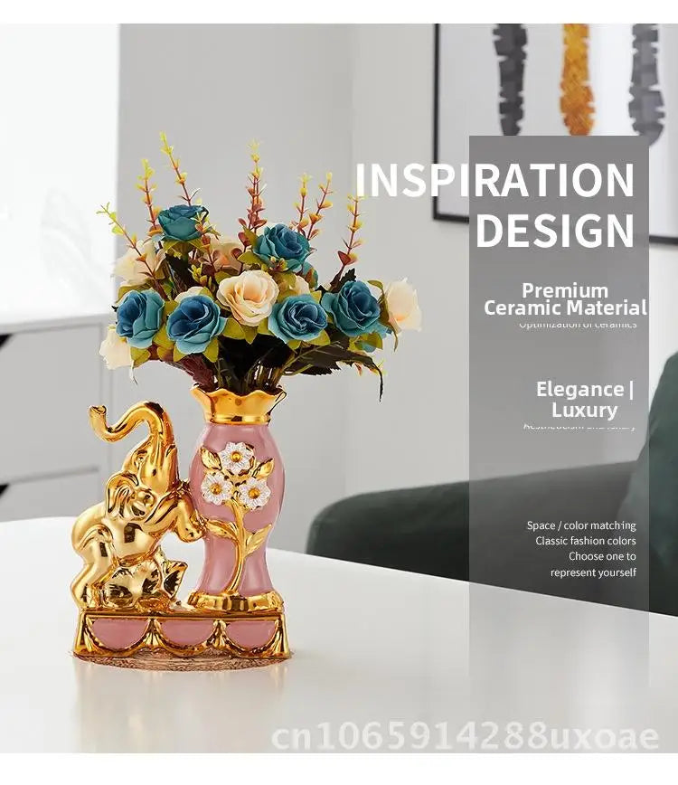 A floral arrangement featuring blue and peach flowers displayed alongside a golden elephant ceramic vase.