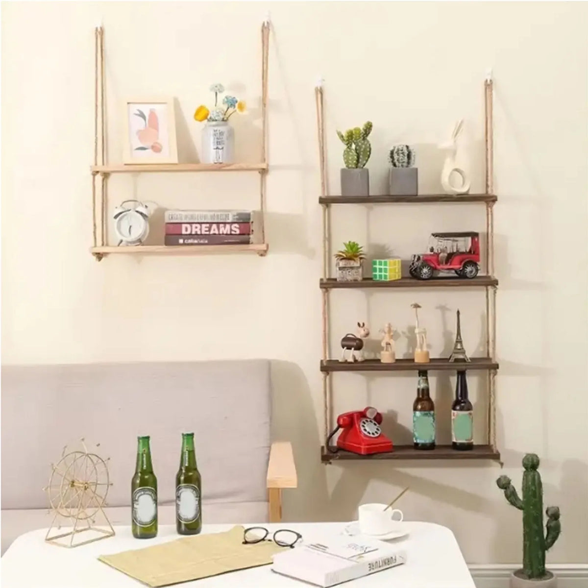A rustic floating wooden storage shelf mounted on a wall displaying various decorative items and books.