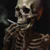 A realistic painting of a human skull holding a cigarette, rendered in sepia tones against a dark background.