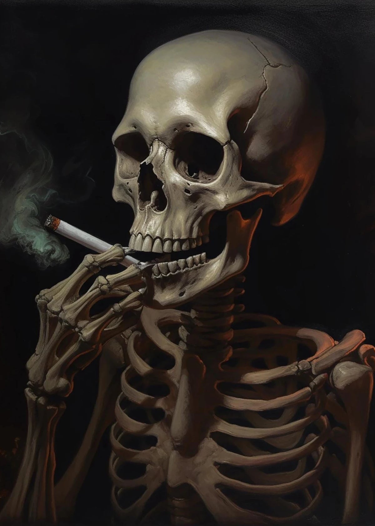 A realistic painting of a human skull holding a cigarette, rendered in sepia tones against a dark background.