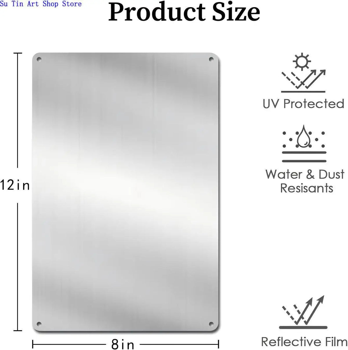 A rectangular stainless steel plaque with dimensions 12 inches by 8 inches, featuring UV protection, water and dust resistanc