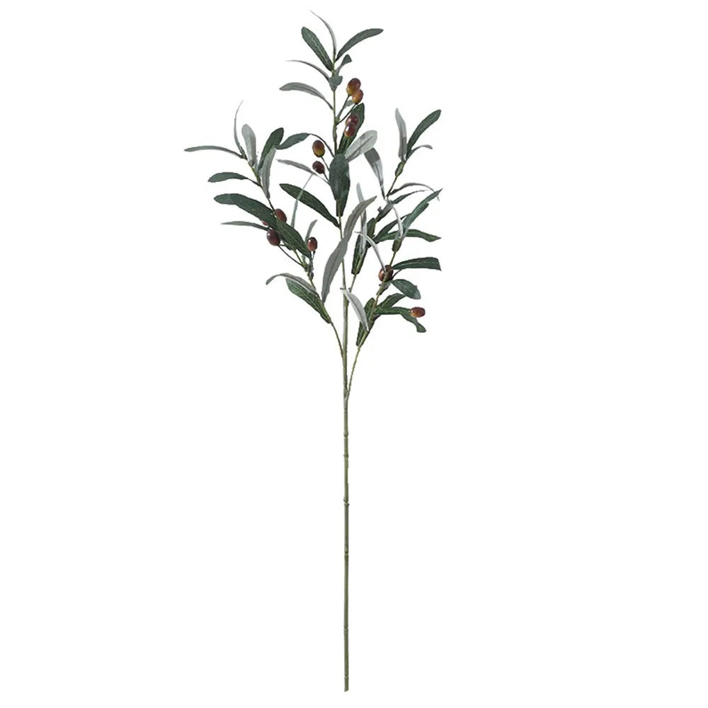 Artificial olive branch with green leaves and small red fruits for home and event decor