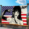Anime tapestry featuring a distressed female character with a chainsaw and American flag background