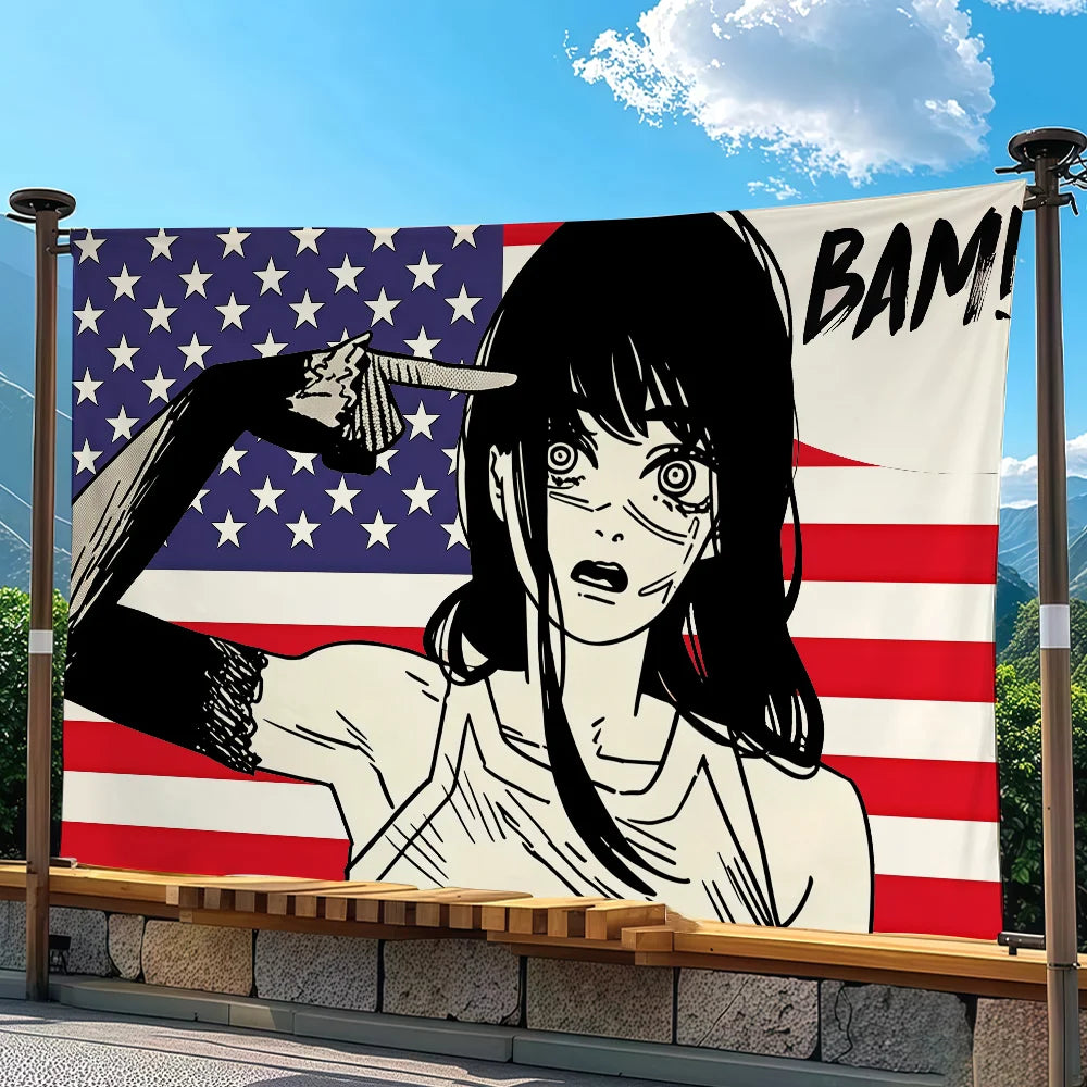 Anime tapestry featuring a distressed female character with a chainsaw and American flag background