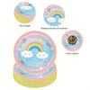 A set of colorful disposable paper plates featuring rainbow and cloud designs, shown in various thicknesses.