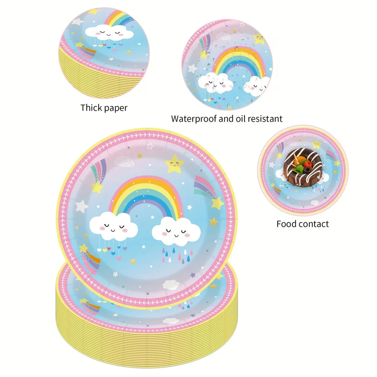 A set of colorful disposable paper plates featuring rainbow and cloud designs, shown in various thicknesses.
