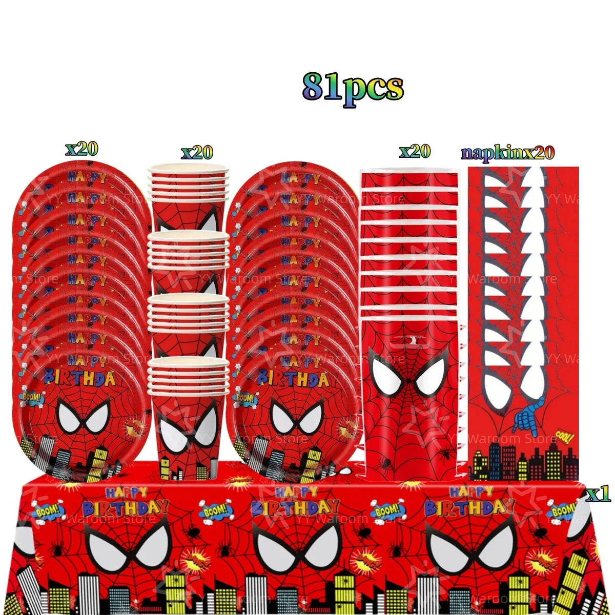 A set of 81 pieces of red and black Spider-Man themed party tableware including plates, cups, and decorations.