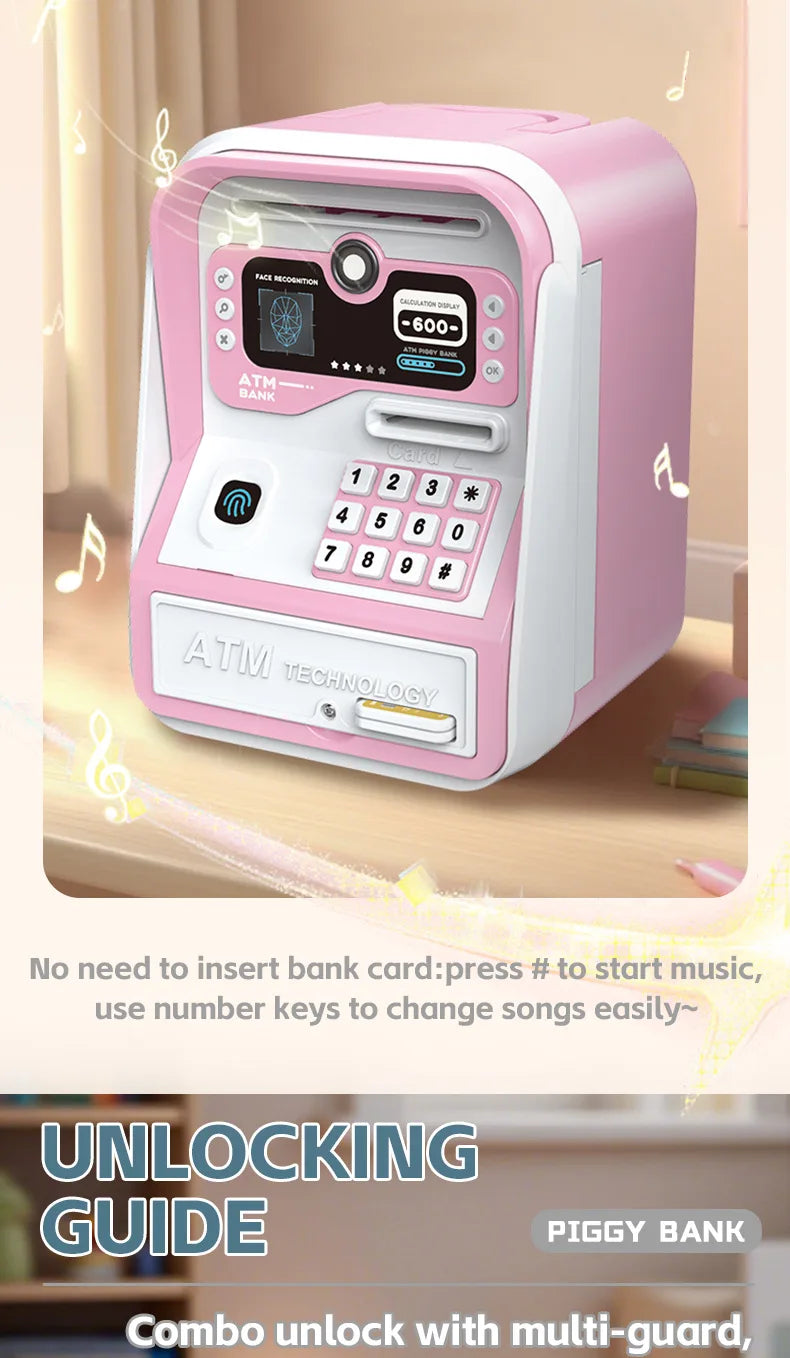 Piggy bank ATM in pink with a keypad for music and savings