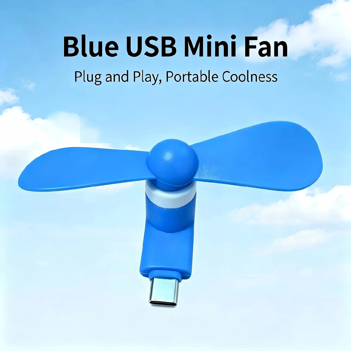 A blue USB mini fan with soft blades is shown against a light blue sky background.