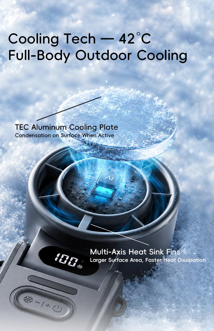A close-up of a handheld cooling device with an aluminum plate and heat sink fins, demonstrating outdoor cooling technology.
