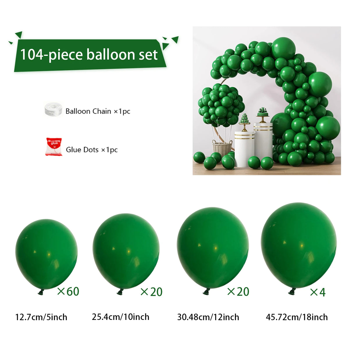 A set of 104 balloons, including a balloon chain and glue dots, used to create an arch decoration.
