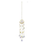 A delicate gold flame moon crystal sun catcher with hanging beads and a central sun motif.