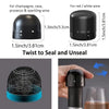 Black reusable silicone wine bottle stopper with a rotating lock mechanism for sealing and unsealing