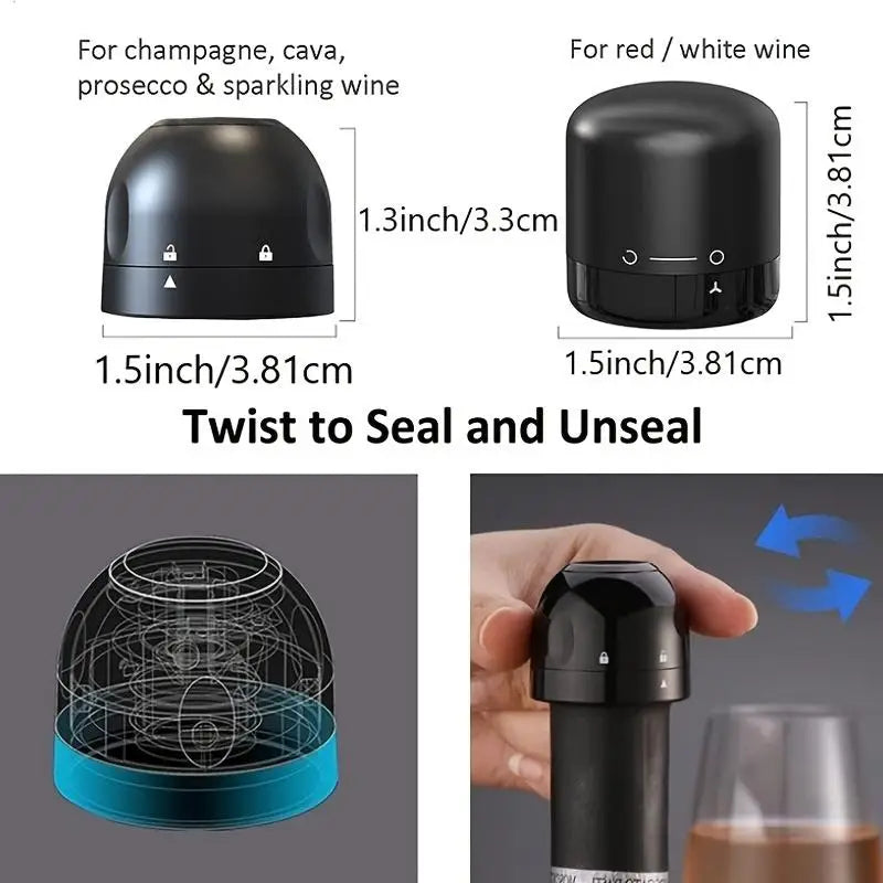 Black reusable silicone wine bottle stopper with a rotating lock mechanism for sealing and unsealing