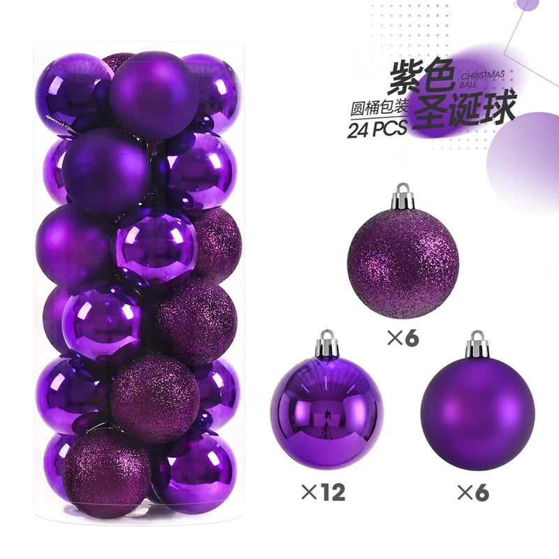 A set of 24 purple and glitter Christmas baubles for holiday tree and decor.