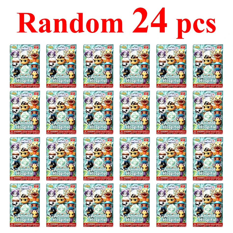 A collection of 24 blind box figures depicting various animals at an animal hospital.