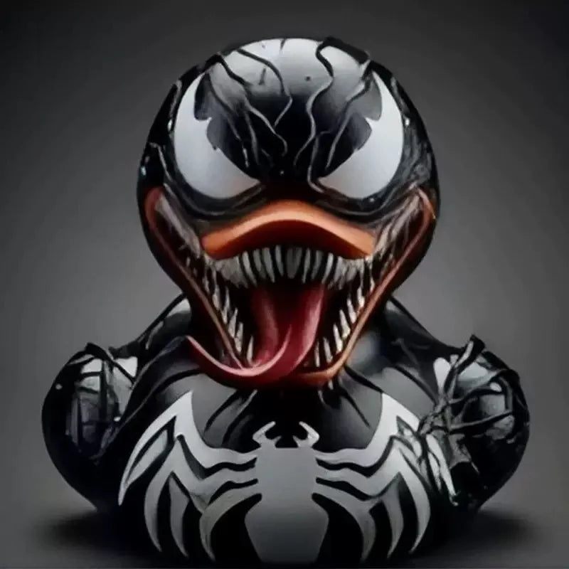 A glossy black and white resin statue of an alien duck head with an open mouth and tongue.