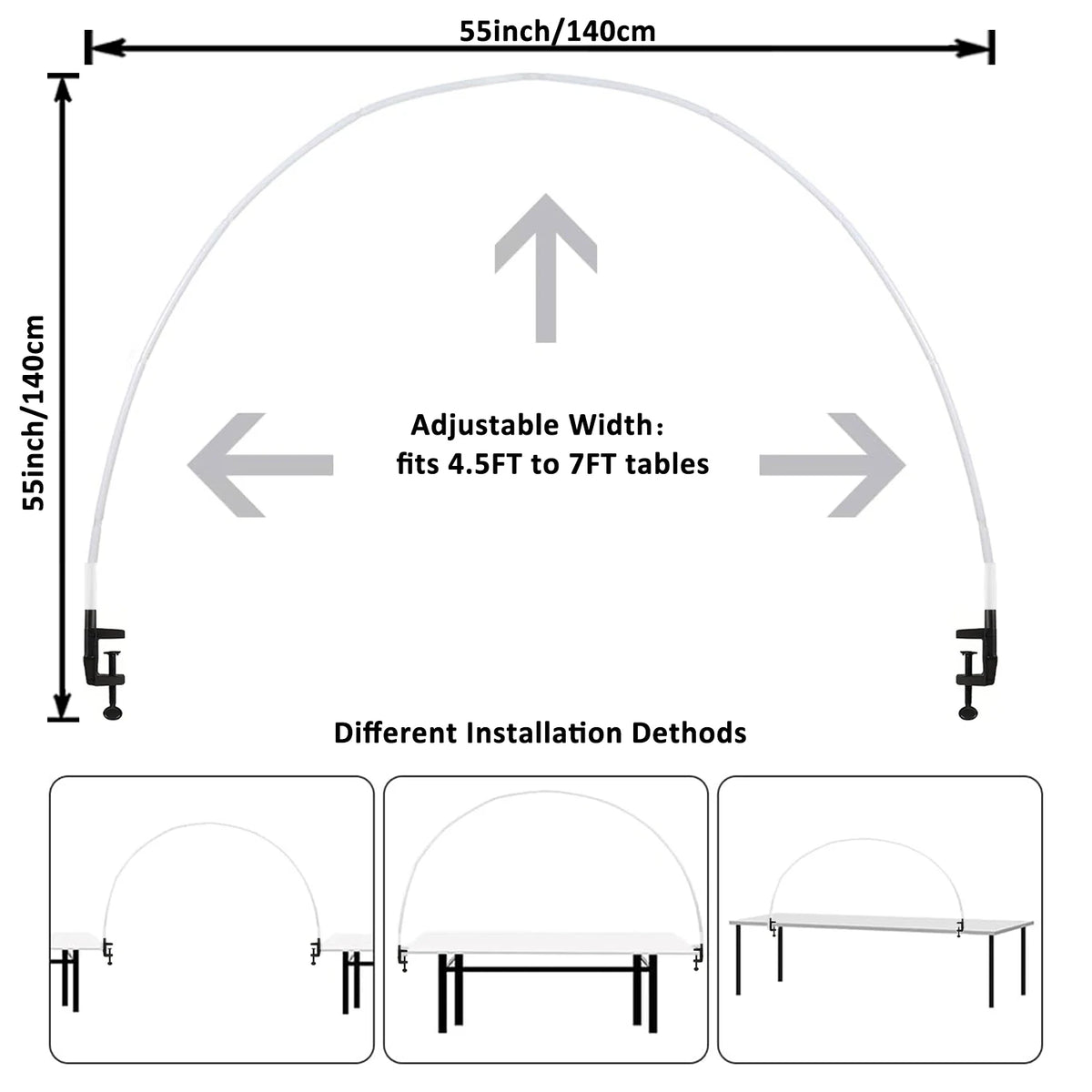 Diagram showing the dimensions and installation methods for a white table balloon arch kit with an adjustable frame.