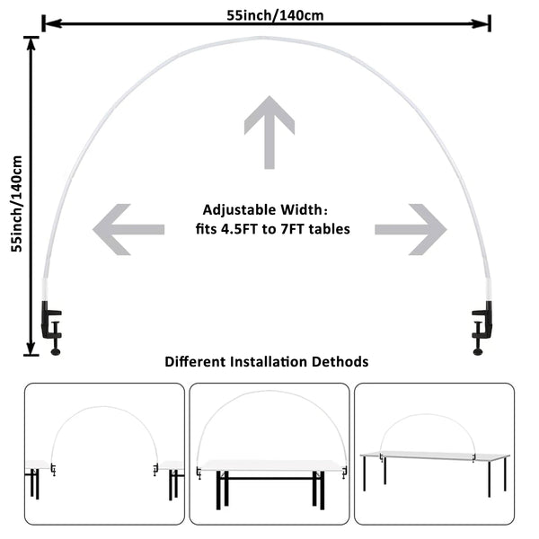 Diagram showing the dimensions and installation methods for a white table balloon arch kit with an adjustable frame.