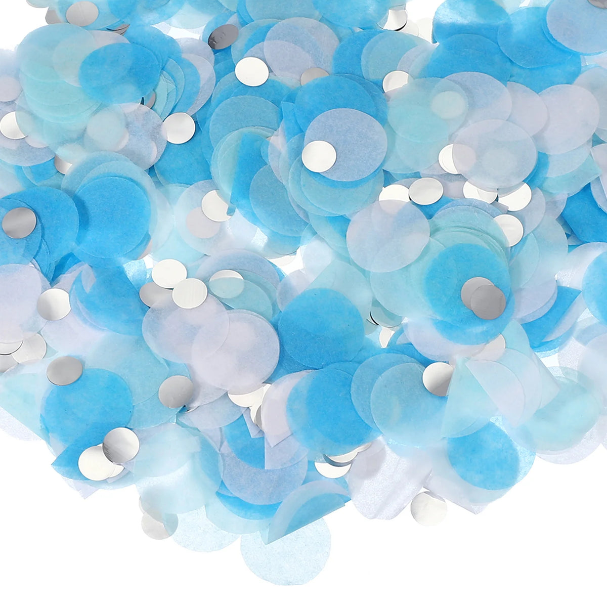 A pile of round tissue paper confetti dots in shades of light blue and silver.