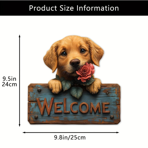 A golden-colored puppy's head rests on a wooden sign that reads WELCOME