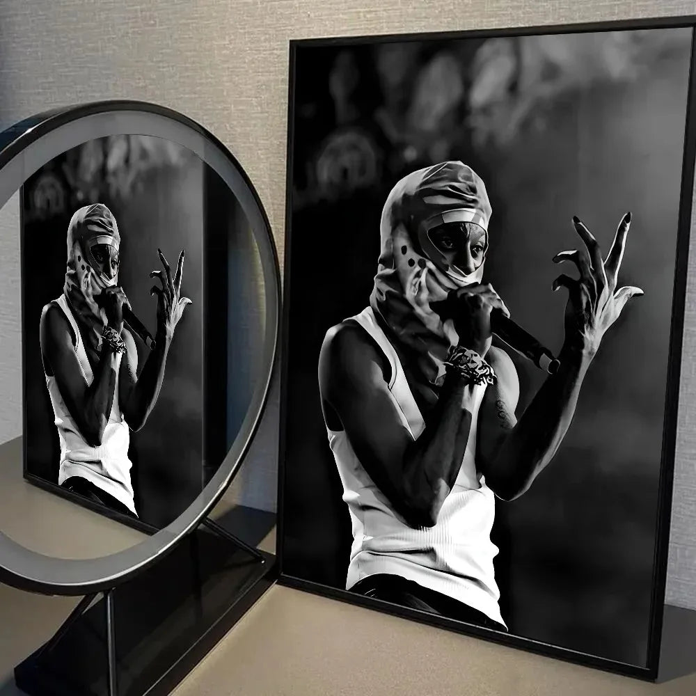 Black and white canvas wall art featuring a portrait of Playboi Carti wearing a bandana