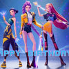 Three female fantasy characters in colorful outfits posing for a birthday backdrop